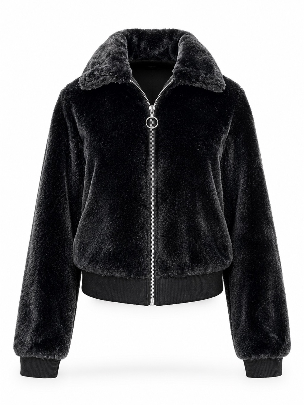 SO Women’s Black Faux Fur Zip Bomber Jacket L/G (11-13) Plush Teddy Coat